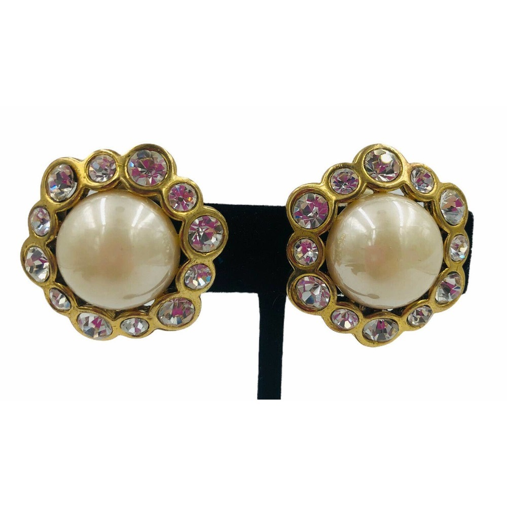 Gold Tone Crystal Cabochon Pearl Clip Earrings - Picture 1 of 10